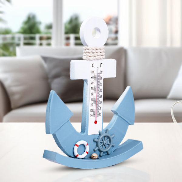 Tabletop Anchor Thermometer Decorative Wood Statue, Nautical Themed Centerpiece Coastal Living Room Decor Blue And White Wood, 8 inch, 21 cm