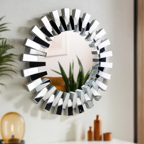 Silver Round Glass Mirror, 3D Wall Art for Living Room, Indoor Decorative Mirror, Housewarming Gift 29 inch, 75 cm