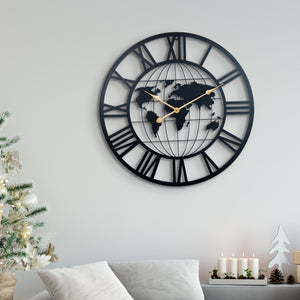 Round Metal Wall Clock, Black Embedded World Map, 24" Silent Roman Numeral Decorative Clock, Home Office Decor-Sona Casa