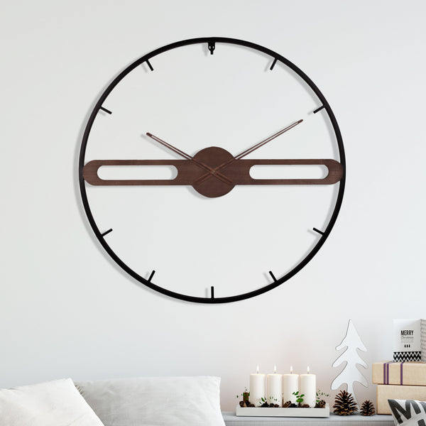 Larger Modern Wall Clock, Modern Minimalist Metal Frame, Wooden Center, Brown, Round Clock for Living Room, Office Indoor Decor 24 inch 60 cm