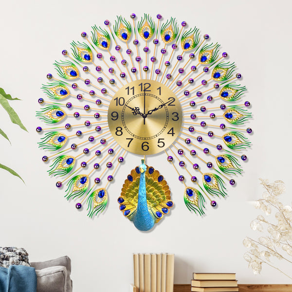 Peacock Metal Wall Clock, 28" Analog Silent Clock for Office