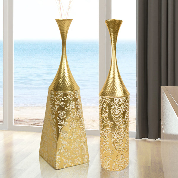 2 Piece Decorative Tall Vases, Large Gold Metal Floor Vases, Indoor Living Room Decor 32 inch 82 cm