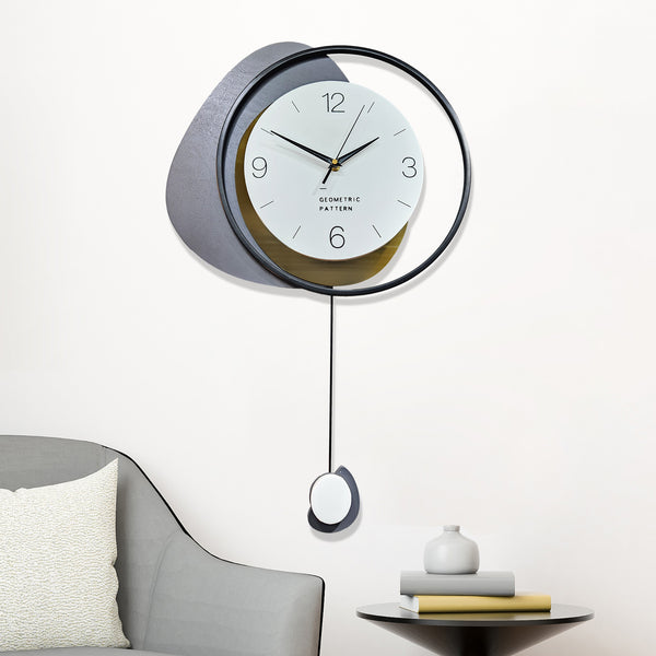 Modern Wall Clock with Pendulum, White Black Metal Wall Art Decor for Home or Office, Indoor Silent Non Ticking Clock 24 inch 60 cm
