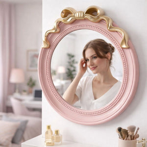 Round Pink 18-Inch Mirror with Gold Bow Decorative Wall Mirror, Gifts for Her, Accent Decor by Sona Casa