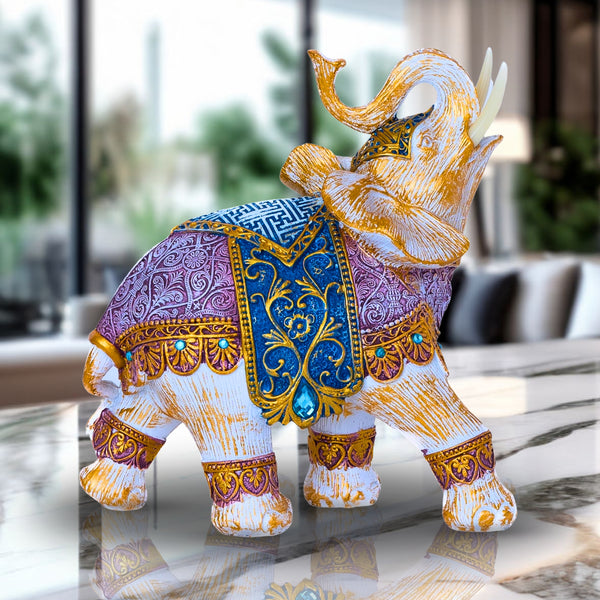 Beige Polyresin Elephant Figurine With Golden Highlights - Unique Zen Office & Coffee Table Decor, Ideal Housewarming Gift