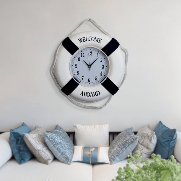 Nautical Round Wall Clock, 18" Silent, Lifebuoy Coastal Decor