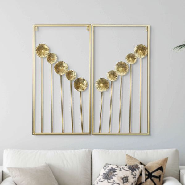 Golden Dandelions Metal Wall Art Set, 2 Piece 30" Floral Wall Decor