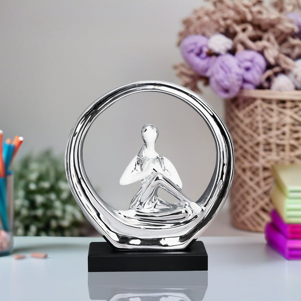 Elegant Ceramic White & Silver Chrome Yoga Girl Pose Statue - Perfect For Meditation Decor & Inspirational Fitness Gift