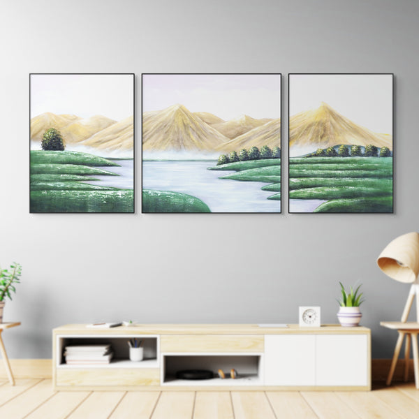 Majestic Mountain Canvas Trio: Large Yellow, Green & White Scenery Art, Wood Framed For Living & Office Spaces