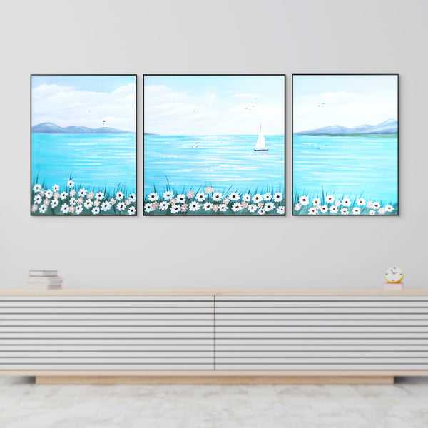 Handmade Blue Lake & Boat Canvas Trio, Nature-Inspired Scenic Wall Art For Living & Dining Decor