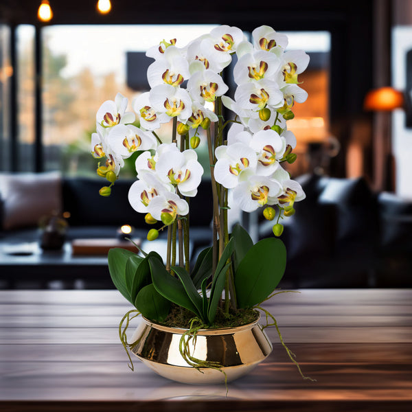 Lifelike Faux Orchid In Golden Ceramic Planter - Realistic Green Leaves & White Flowers For Home Decor