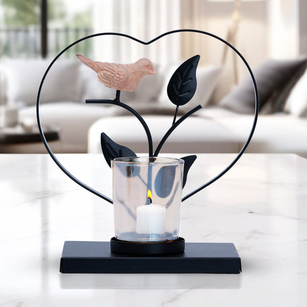 Black Metal Tealight Holder With Bird, 6" Nature Inspired Glass Decor