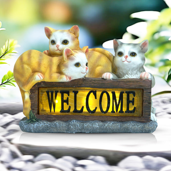 Cute Solar Cat Garden Statue With Lit Welcome Sign, 8" Outdoor Decor, Gift