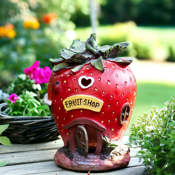 Charming Red Polyresin Strawberry Solar Statue - Perfect Fairy Garden Accessory & Mom's Gift