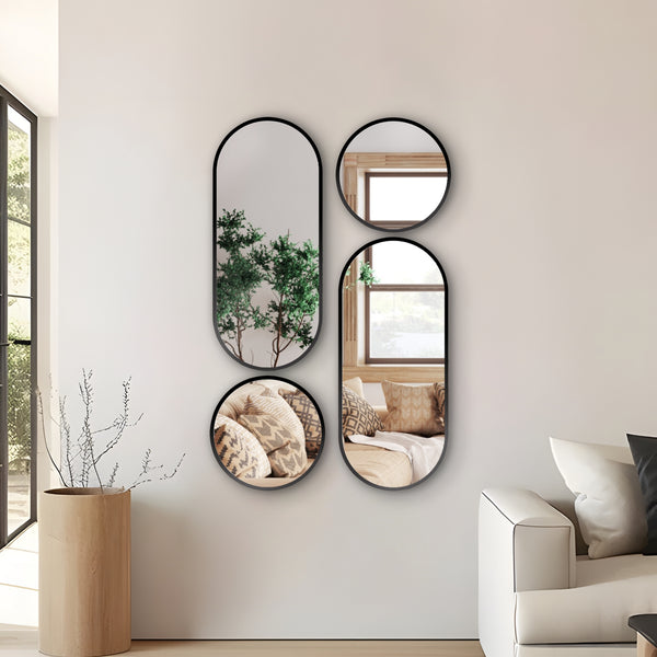 4 Pieces Accent Mirror Set, Vertical Glass Mirrors, Art on Wall, Black Modern Wall Art Decor for Living Room,  27 inch 68 cm