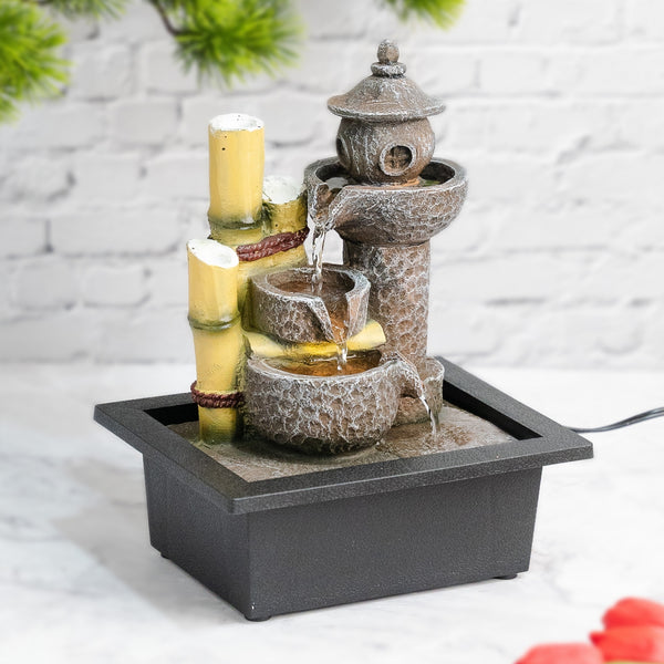 Indoor Water Fountain with Lights, Asian Temple Design, Polyresin Zen Water Fountain, Fiberglass, Polyresin, Acrylic, Grey 11 inch 28 cm