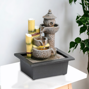 Indoor Water Fountain with Lights, 11" Asian Temple Desktop Waterfall by Sona Casa
