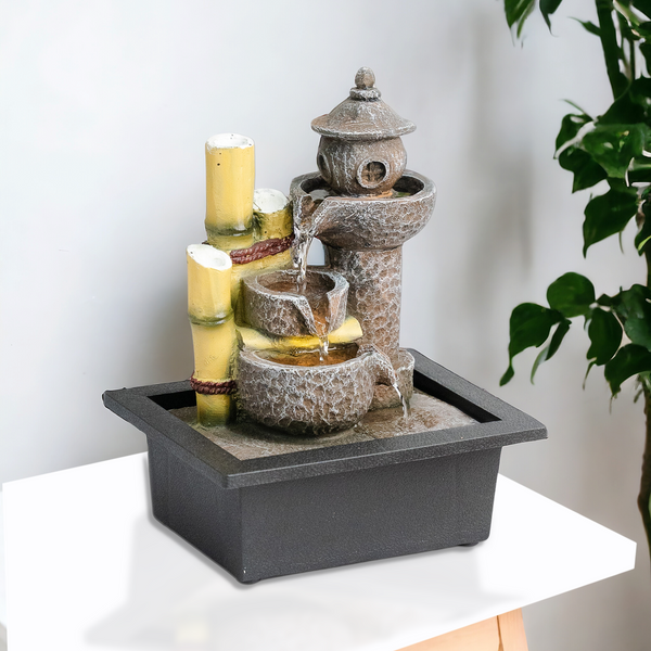 Indoor Water Fountain with Lights, 11" Asian Temple Desktop Waterfall