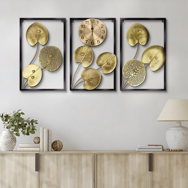 3 Piece Wall Art Decor, Gold Round Wall Clock Botanical Wall Hanging for Living Room Office, Indoor Decor 24 inch 60 cm