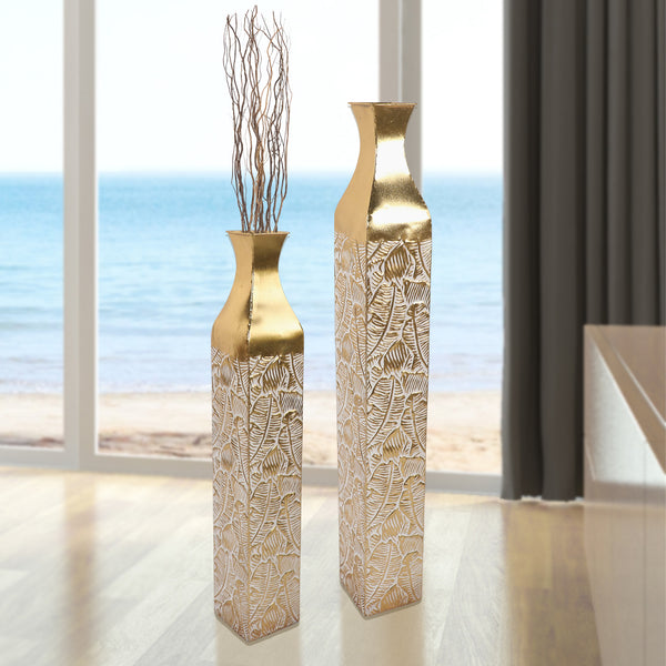 2 Piece Modern Decorative Metal Tall Vase, Gold Floor Vase for Living Room, Indoor Decor, Gold Home Ornament, Large 42 inch Medium 35 inch