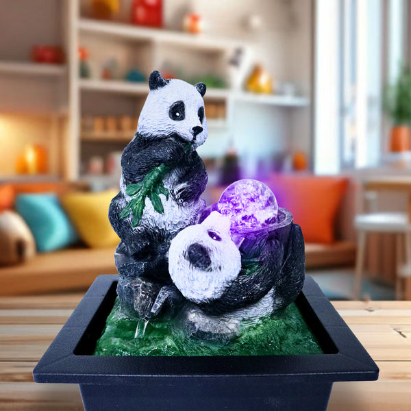 Indoor Panda Fountain with Electric Lights, Crystal Ball and Pump, Indoor Waterfall, Tabletop Polyresin Panda Statues, Black White 11 inch 28 cm