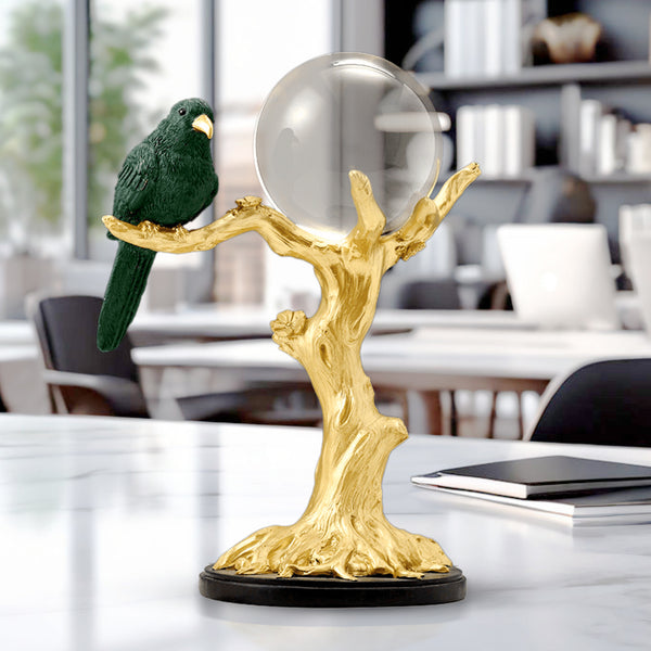 Countertop Sculpture Crystal Ball and Bird on Tree, 9" Tabletop Centerpiece