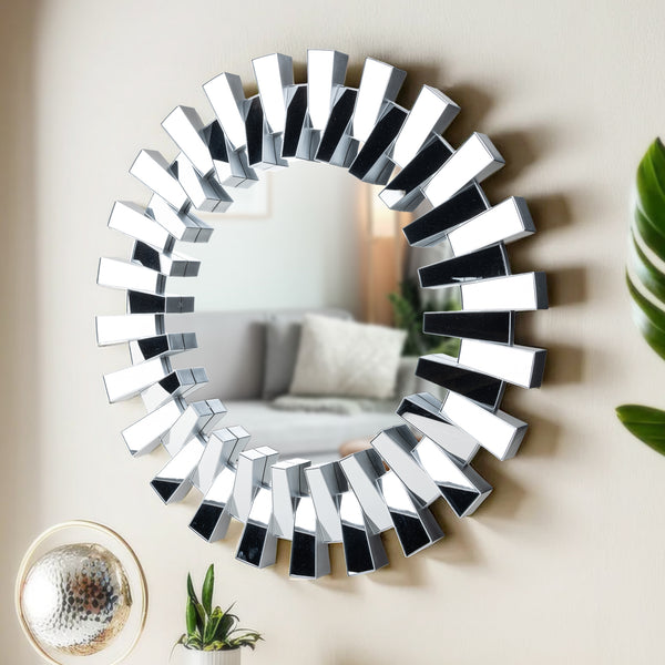 Silver Round Glass Mirror, 3D Wall Art for Living Room, Indoor Decorative Mirror, Housewarming Gift 29 inch, 75 cm