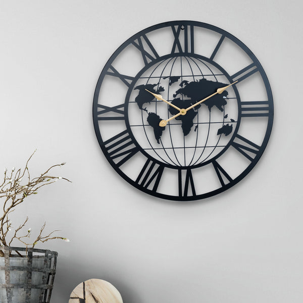 Round Metal Wall Clock, Embedded World Map, 24" Silent Roman Numeral Clock