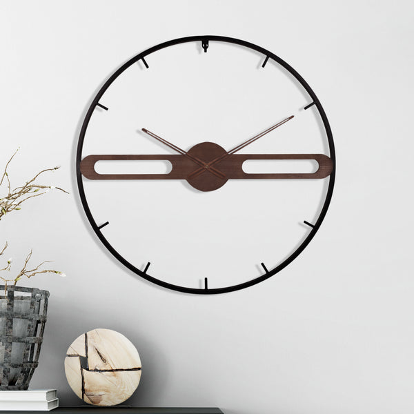 Larger Modern Wall Clock, Modern Minimalist Metal Frame, Wooden Center, Brown, Round Clock for Living Room, Office Indoor Decor 24 inch 60 cm