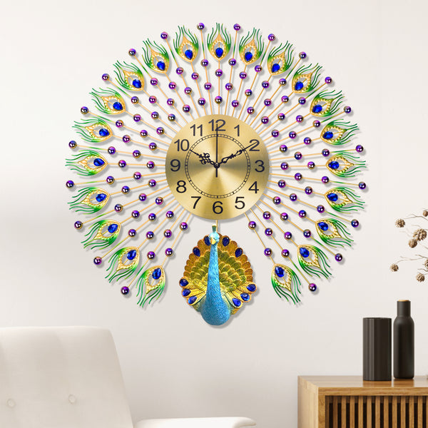 Peacock Metal Wall Clock, 28" Analog Silent Clock for Office