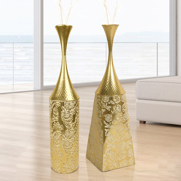 2 Piece Decorative Tall Vases, Large Gold Metal Floor Vases, Indoor Living Room Decor 32 inch 82 cm