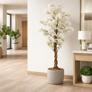 Large Artificial Tree, 55" White Sichuan Cherry Blossom, Nearly Natural Fake Plant, Indoor Outdoor Decor for Garden, Patio, Front Porch by Sona Casa