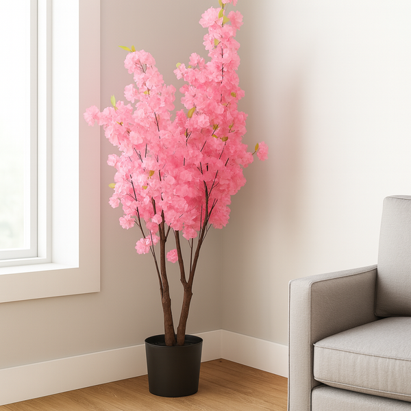 5 ft Tall Faux Pink Sichuan Cherry Blossom, Nearly Natural Large Artificial Tree, Indoor Decor for Living Room, Office, Patio-Sona Casa