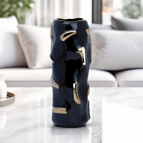 Elegant Abstract Black Ceramic Vase With Golden Highlights - Perfect For Any Decor Style