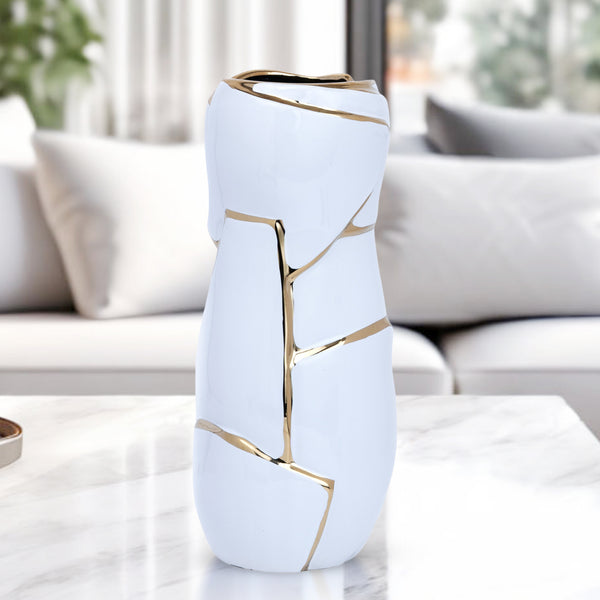 Abstract White Ceramic Golden Lines Vase - Elegant Table Centerpiece For Fresh & Faux Flowers