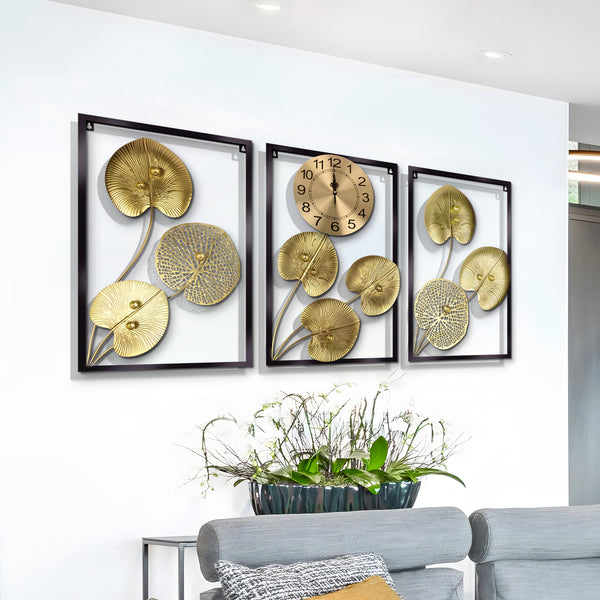 3 Piece Wall Art Decor, Gold Round Wall Clock Botanical Wall Hanging for Living Room Office, Indoor Decor 24 inch 60 cm