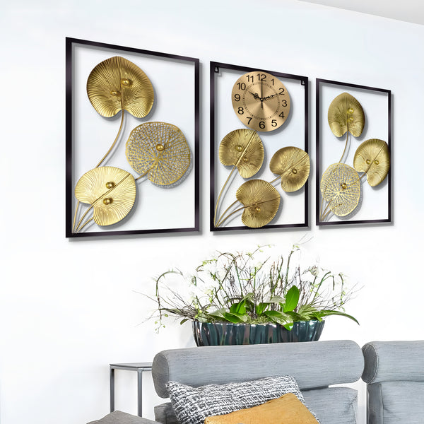 3 Piece Wall Art Decor, Gold Round Wall Clock Botanical Wall Hanging for Living Room Office, Indoor Decor 24 inch 60 cm