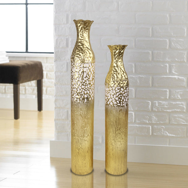 2 Piece Rustic Gold Tall Floor Vases, Metal Vase for Home Indoor Decorations 37 inch and 32 inch High