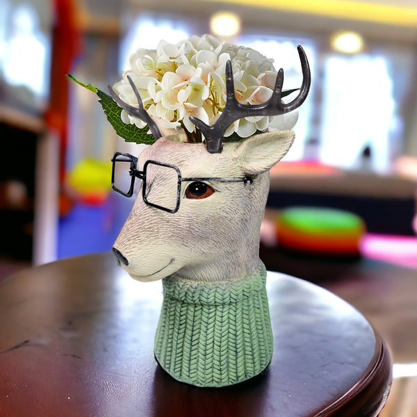 Deer Vase, Animal Head Vase, Decorative Vase Home or Office Decor, Coffee Table Centerpiece Polyresin Brown Green 10 inch 25 cm