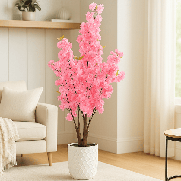 5 ft Tall Faux Pink Sichuan Cherry Blossom, Nearly Natural Large Artificial Tree, Indoor Decor for Living Room, Office, Patio-Sona Casa