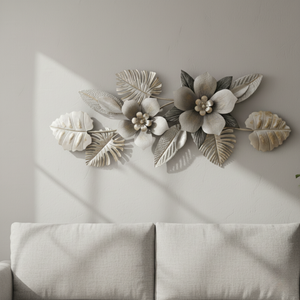 Large 60 Inch wide 3D Metal Flower Wall Art Sculpture with Silver & Gray Leaves, Textured Modern Botanical Decor for Living Room or Bedroom-Sona Casa