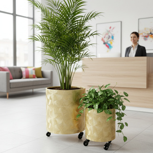 Gold Metal Foil Planters Set with Wheels and Drain Plug, Indoor Pot for Fresh or Faux Plants Home Decor Gift-Sona Casa