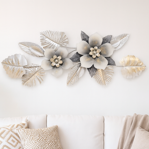 Large 60 Inch wide 3D Metal Flower Wall Art Sculpture with Silver & Gray Leaves, Textured Modern Botanical Decor for Living Room or Bedroom-Sona Casa