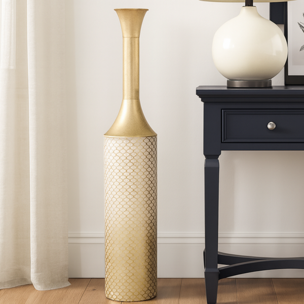 Modern Tall Floor Vase, Handmade Indoor Decor Metal 41" Gold Beige White by Sona Casa