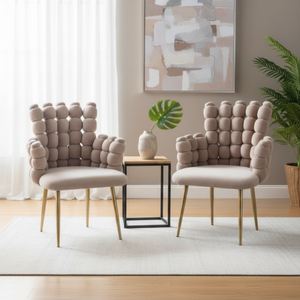 Set of 2 Modern Beige Upholstered Accent Chairs with Elegant Gold Metal Frames, Stylish & Comfortable Seating, Home Office Decor-Sona Casa