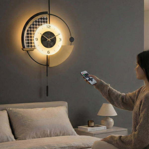 Modern Black and White Wall Clock with LED Light, Remote Controlled, Unique Geometric Design, Pendulum, Living Room Decor, Gift-Sona Casa