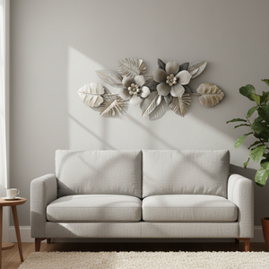 Large Metal Flower Wall Art, 3D Floral Wall Sculpture, Modern Botanical Decor with Silver & Gray Leaves, Textured Metal Wall Decor for Living Room, Bedroom, or Entryway-Sona Casa