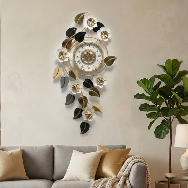 Large Elegant Wall Clock with Quartz Movement, Gold White Silver Floral Design Horizontal or Vertical Modern Decorative Home Accent Clock-Sona Casa