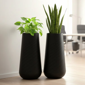 Set of 2 Tall Black Indoor Self Watering Decorative Planters, 27 Inch Tall Black Planter with Riser Pot, Drain Hole-Sona Casa