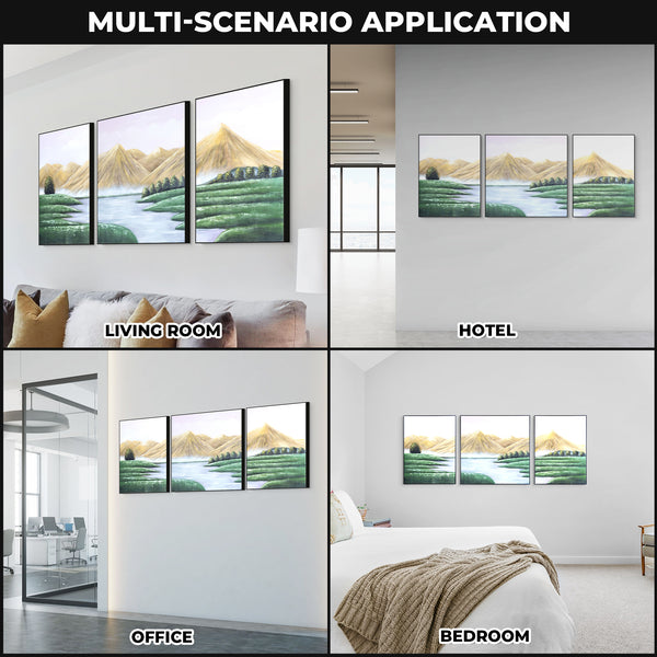 Majestic Mountain Canvas Trio: Large Yellow, Green & White Scenery Art, Wood Framed For Living & Office Spaces